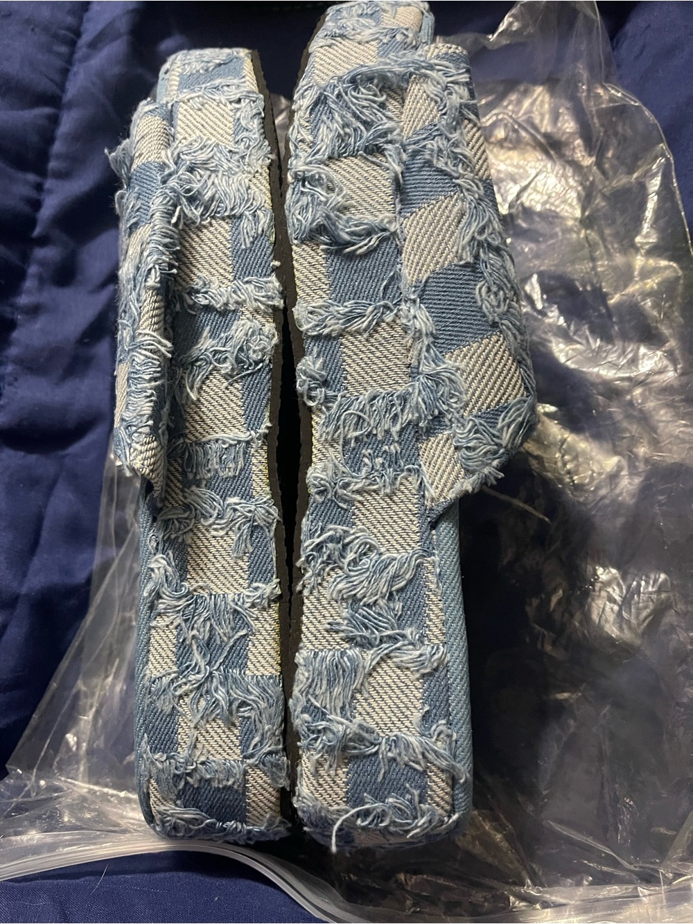 Denim Check Slide Platforms in Light Blue - Picture 3 of 5